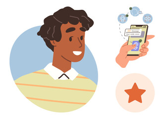 Smiling individual, smartphone with SMS verification code input and profile elements. Ideal for identity, security, messaging, trust, user experience, online safety communication concepts. Simple