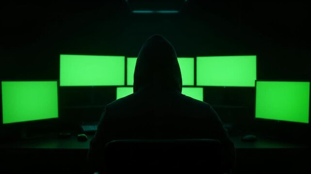 Hooded figure sits before multiple screens displaying green code, working in a dark room.