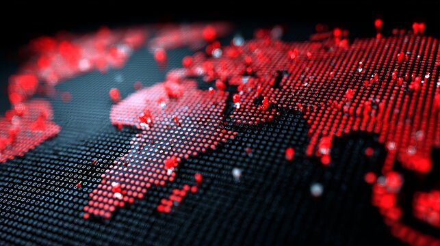 Dynamic glowing red digital world map rendered as binary code points, evoking global connectivity and data flow