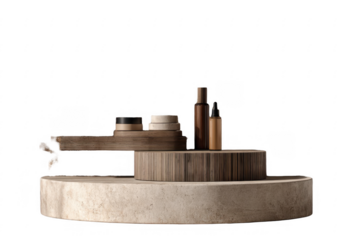 Minimalist natural skincare products displayed on round wooden and stone platforms with neutral tones
