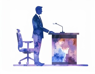 Eloquent speaker delivering a speech, rendered in whimsical watercolor with office chair