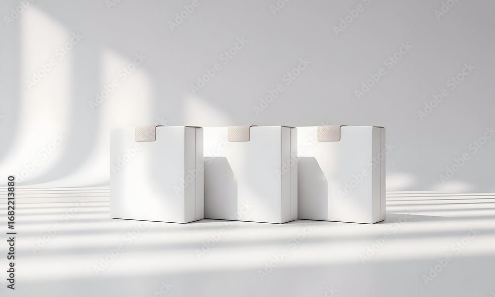 Poster minimalist presentation of three white boxes with tan lids under soft shadow light