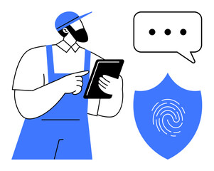 Male technician pointing at tablet, shield with fingerprint, speech bubble with dots. Ideal for technology, security, digital communication, authentication, identity verification, data protection