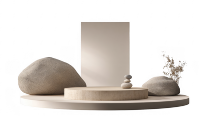 Minimalist natural stone display with balanced pebbles and dried flowers on round platform