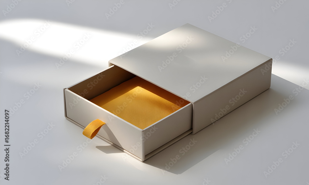 Poster elegant open box displaying a golden interior, soft light and minimalist design on a white surface.