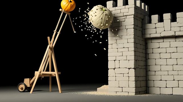 Miniature Trebuchet Launching Balls at Stone Castle Wall