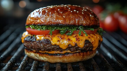 Juicy cheeseburger on a grill.