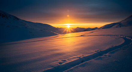 Golden winter sunset illuminating a vast snowy mountain landscape with ski tracks at twilight