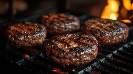 Four juicy grilled beef patties on a hot grill.