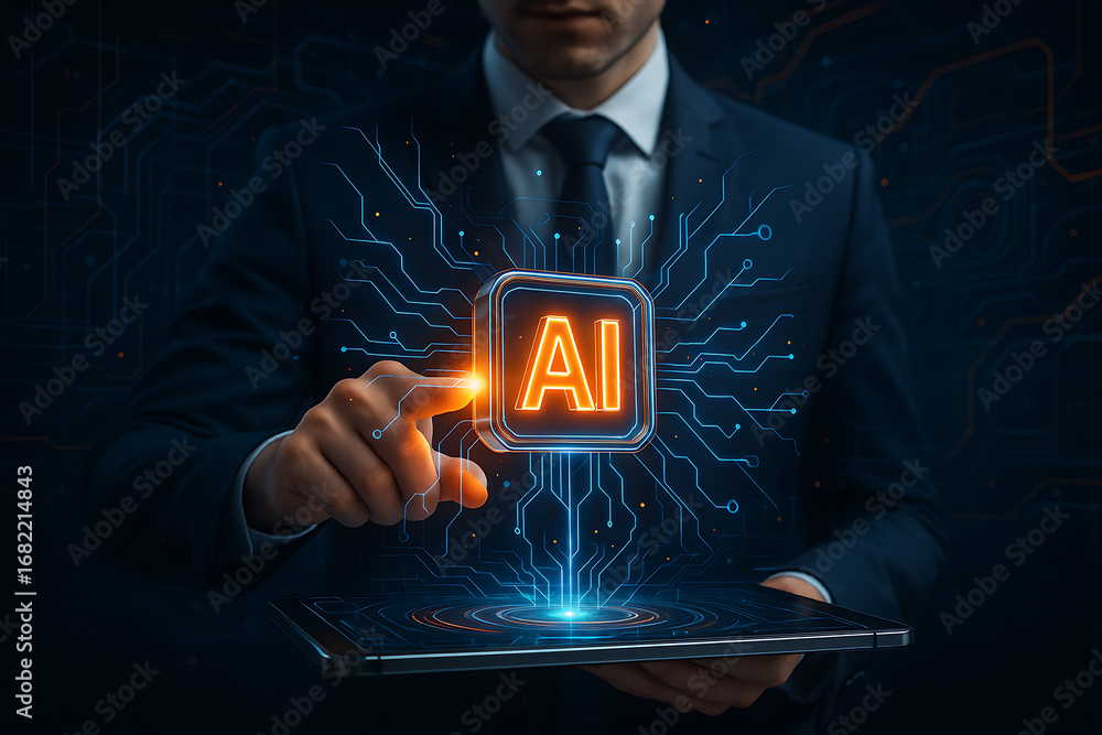 Aufkleber man in a suit is touching a glowing ai symbol projected from a tablet, surrounded by a blue and oran