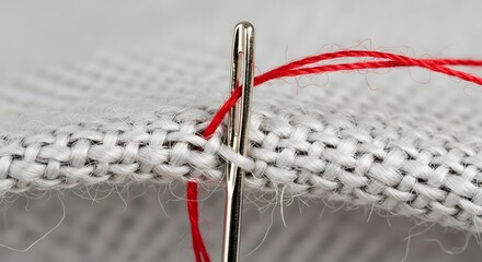 Needle with Red Thread Going Through Fabric