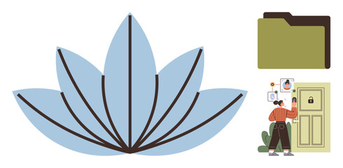 Blue lotus symbol representing calmness, digital file folder, and person securing data behind locked door. Ideal for security, privacy, organization, mindfulness, data storage, personal growth