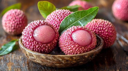 Fresh lychees in a wooden bowl with leaves.