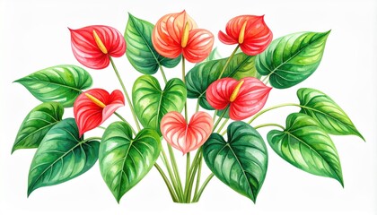 Obraz premium Watercolor Illustration of Anthurium Flowers and Leaves on White Background
