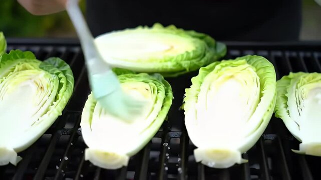 Basting Green Cabbage Halves on a Hot Grill for Healthy Cooking