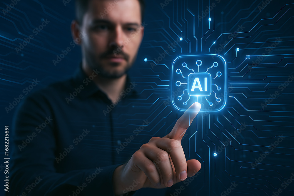 Aufkleber a man's hand is pointing at a glowing blue ai symbol surrounded by a digital circuit pattern, sugges
