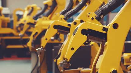 Row of Yellow Robotic Arms in a Manufacturing Facility