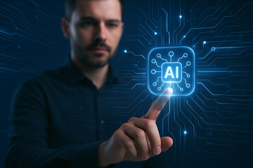 A man's hand is pointing at a glowing blue AI symbol surrounded by a digital circuit pattern, suggesting interaction with technology