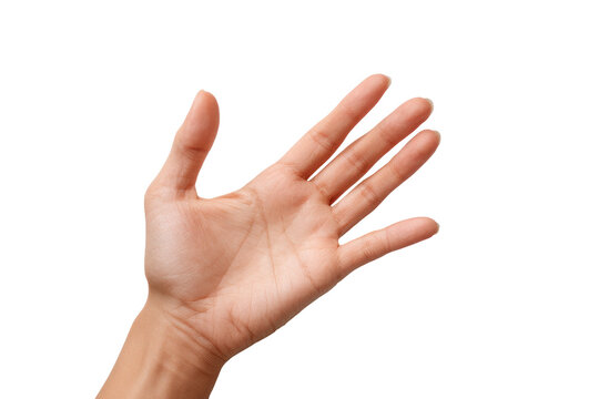 A light-skinned hand, palm facing outward, in a slightly angled, open position against a black background.  The hand's  palms are visible, and the fingers are extended