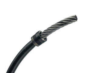 Close up of a thick steel wire rope cable end with a black ferrule securing the strands isolated on transparent background