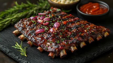 Delicious BBQ pork ribs with red onion, herbs, and sauce.