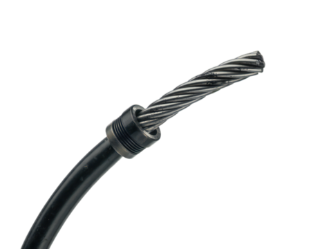 Close up of a thick steel wire rope cable end with a black ferrule securing the strands isolated on transparent background