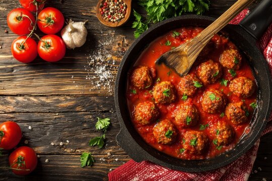 Overhead shot of meatballs in tomato sauce in a skillet on a wooden table with herbs and tomatoes