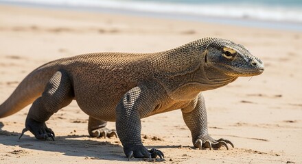 Komodo dragon on a sandy beach, profile view, alert posture.