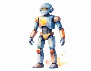 Fototapeta premium Watercolor rendition of a whimsical robot soldier isolated on white background