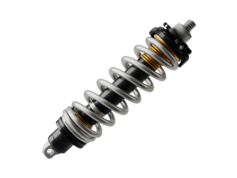 Detailed close up of a motorcycle rear shock absorber with a silver coil spring and metallic components isolated on transparent background