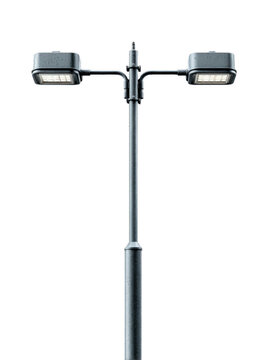 Modern double-headed street lamp post isolated on black background with LED lights and metal pole