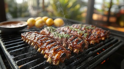 BBQ ribs grilling on a charcoal grill with potatoes and sauce.