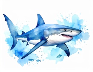 Naklejka premium Watercolor Shark Illustration with Aquatic Blue Hues and Splash Art Aesthetic