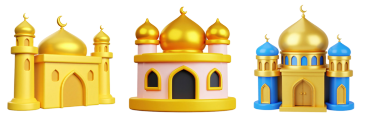 3D Plastic Style Mosques With Gold Domes And Blue Minarets on Transparent Background A Cartoon Illustration of Islamic Architectural Elements