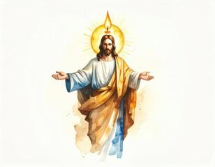 Fototapeta premium Watercolor Illustration of Jesus Christ with a Golden Halo and Open Arms