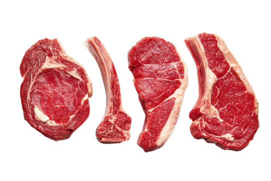 Four raw beef steaks, arranged horizontally.  Each steak shows marbling and a rich red color