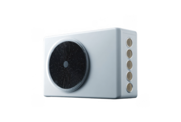 Modern outdoor air conditioning unit with circular fan and ventilation pipes isolated on black