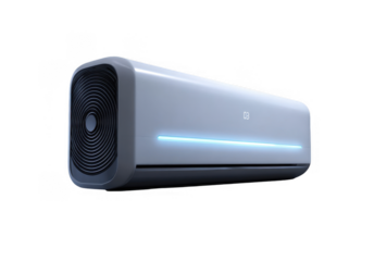 Modern sleek white air conditioner unit with blue LED light isolated on black background