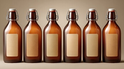 Six brown glass bottles are lined up, each featuring an unmarked label, perfect for home brewing or creative labeling projects.