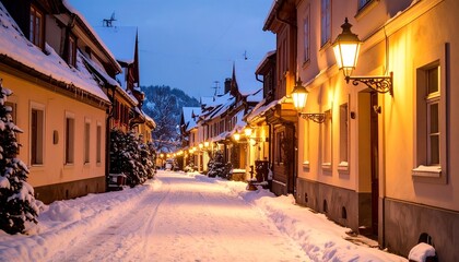 Fototapeta premium Romantic old-world village street photography showcasing timeless European charm with atmospheric evening lighting and seasonal snow - Premium stock for luxury hospitality marketing