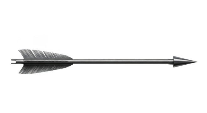 A metallic arrow with fletching and a sharp point, isolated on a transparent background