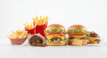 Cheeseburger meal with french fries and onion rings, fast food photography for restaurant menu, appetizing burger image, juicy burger with cheese, delicious meal