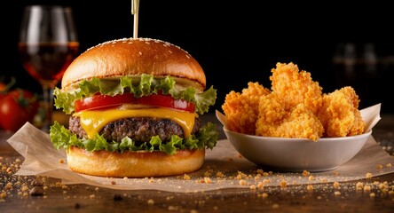 Cheeseburger with Crispy Chicken Nuggets on Wooden Table, Close-up Food Photography