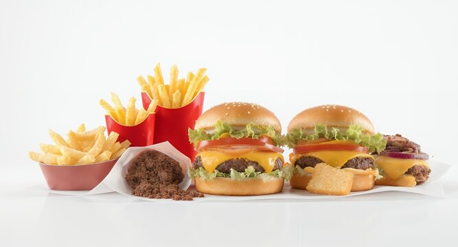 Cheeseburger meal with french fries and onion rings, fast food photography for restaurant menu, appetizing burger image, juicy burger with cheese, delicious meal - Powered by Adobe