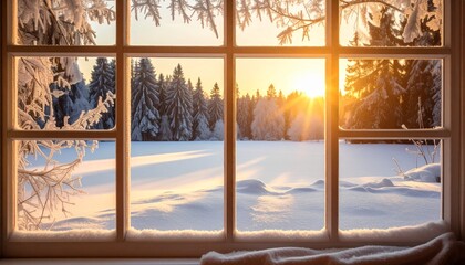 Stunning winter morning scene viewed through rustic wooden window frame with golden sunburst and pristine snowy landscape - High-end architectural photography for upscale vacation rentals