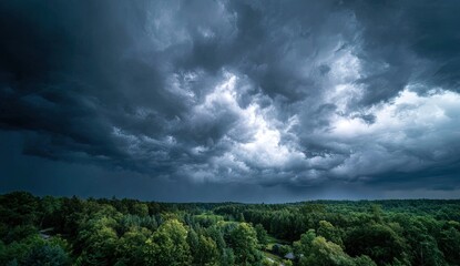 Dramatic storm clouds over a dense forest