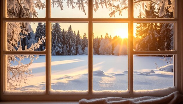 Stunning winter morning scene viewed through rustic wooden window frame with golden sunburst and pristine snowy landscape - High-end architectural photography for upscale vacation rentals - Powered by Adobe