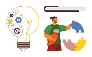 Light bulb with gears symbolizing innovation and man joining puzzle pieces emphasizing problem-solving. Ideal for creativity, brainstorming, teamwork, solutions, ideas, collaboration, focus. Simple
