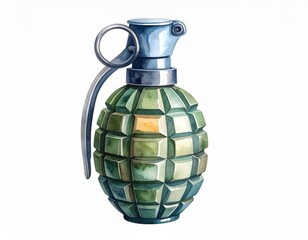 Detailed Watercolor Illustration of a Tactical Grenade Depicting Explosive Power