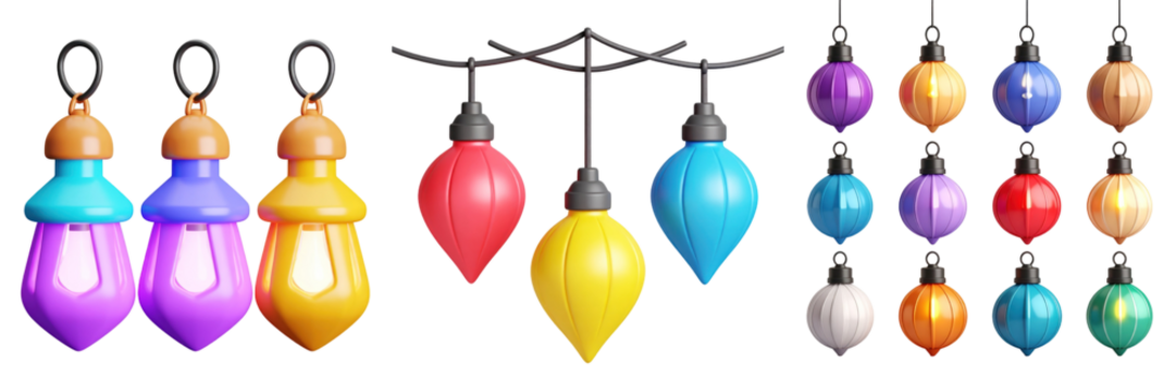 3D Plastic Style Decorative Lights with Various Shapes and Colors for Holiday Celebrations on a Transparent Background - Powered by Adobe